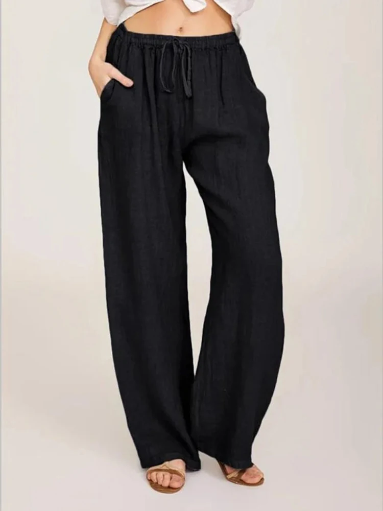 Summer and Autumn Women Cotton Linen Pants Solid Casual Elastic Waist Pockets Wide Leg Trousers Fashion Ladies Straight Pants thumbnail 4