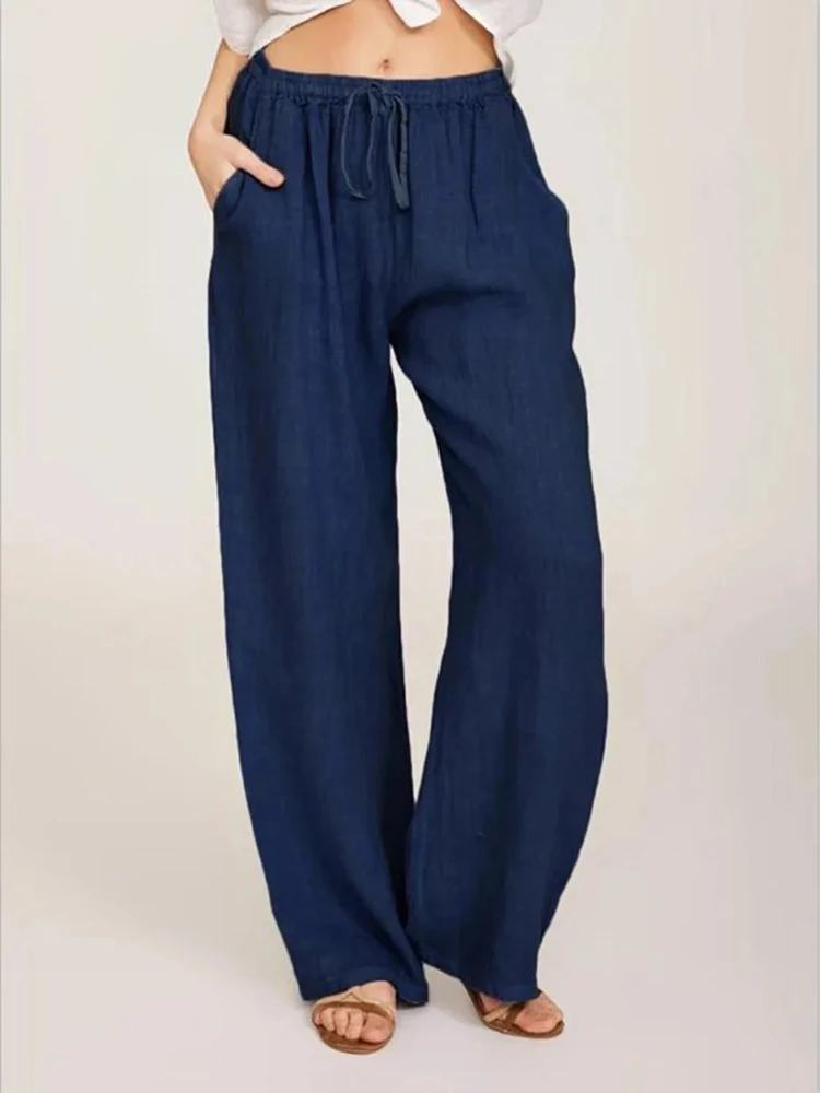 Summer and Autumn Women Cotton Linen Pants Solid Casual Elastic Waist Pockets Wide Leg Trousers Fashion Ladies Straight Pants thumbnail 2