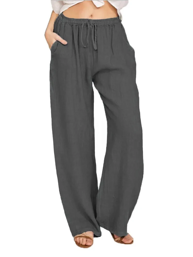 Summer and Autumn Women Cotton Linen Pants Solid Casual Elastic Waist Pockets Wide Leg Trousers Fashion Ladies Straight Pants thumbnail 6