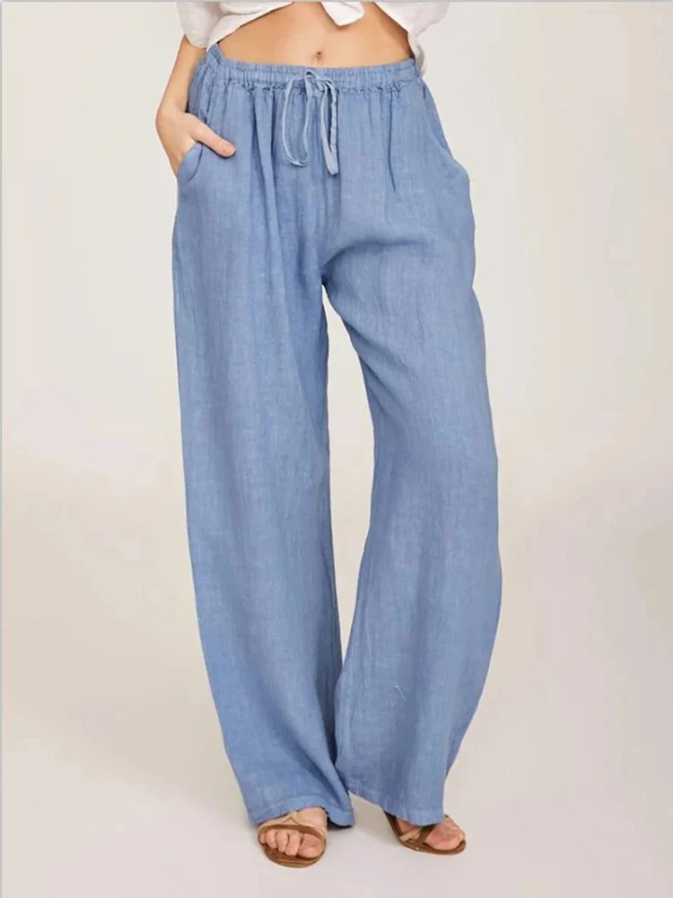 Summer and Autumn Women Cotton Linen Pants Solid Casual Elastic Waist Pockets Wide Leg Trousers Fashion Ladies Straight Pants thumbnail 3