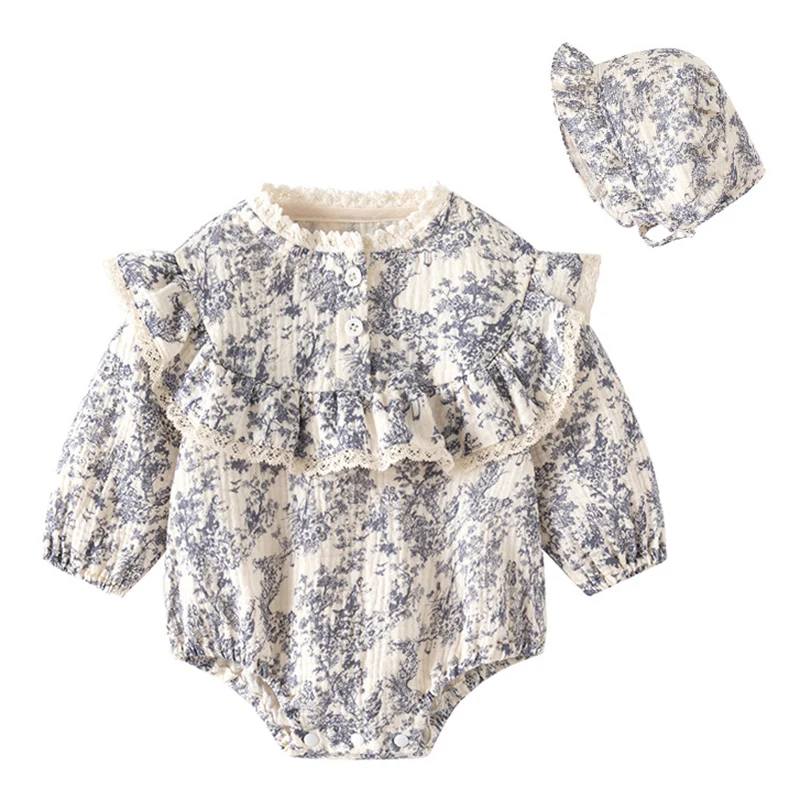 2024 New Autumn 0-24M Children Clothes Korean Style Climbing Suit Long Sleeved Cotton Print Toddler Baby Girl Romper+Hat thumbnail 4