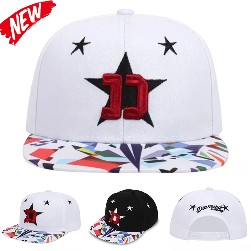 Men's Fashion White Embroidered Five-Pointed Star Baseball Cap Hip-Hop Snapback Hat Street Dance Hip Hop Hat Snapback Cap