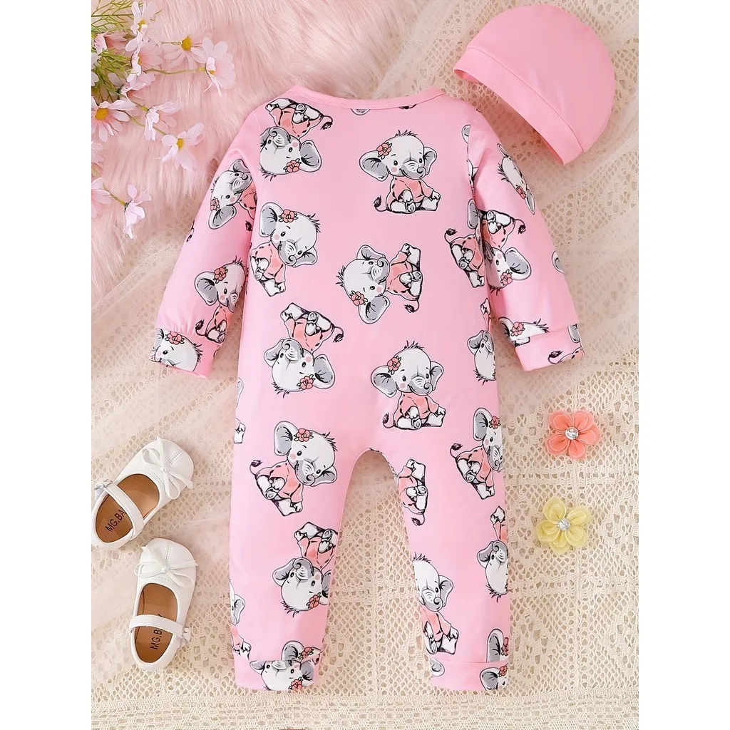0-24 Months Newborn Baby Girl 2PCS Clothes Set Long Sleeve Elephant Romper+Hat Autumn Fashion Cute Toddler Girl Photograp Outfit thumbnail 5