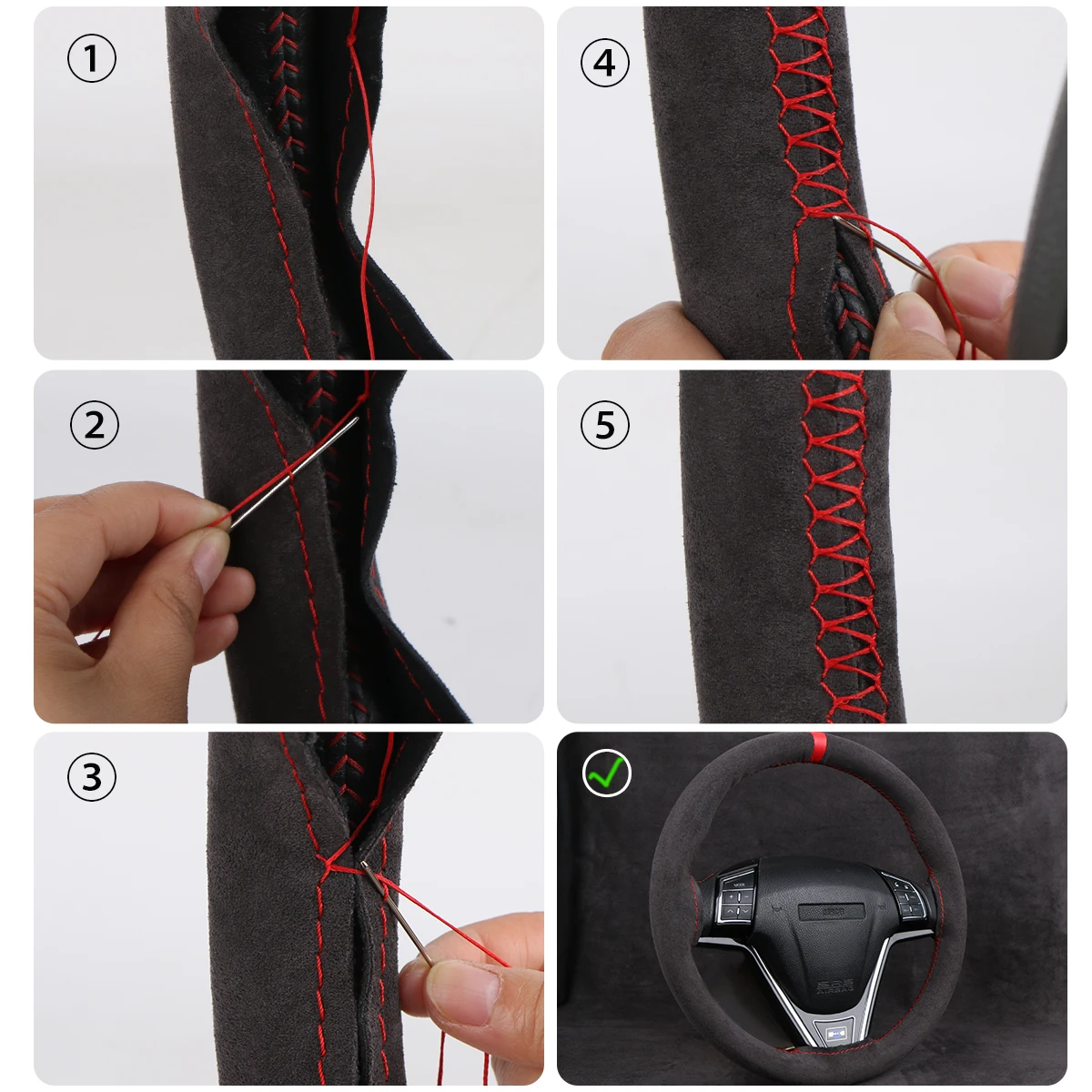 Universal Suede Car Steering Wheel Cover DIY Hand Sewing Soft Leather Braiding Cover For Auto Steering Wheel thumbnail 6