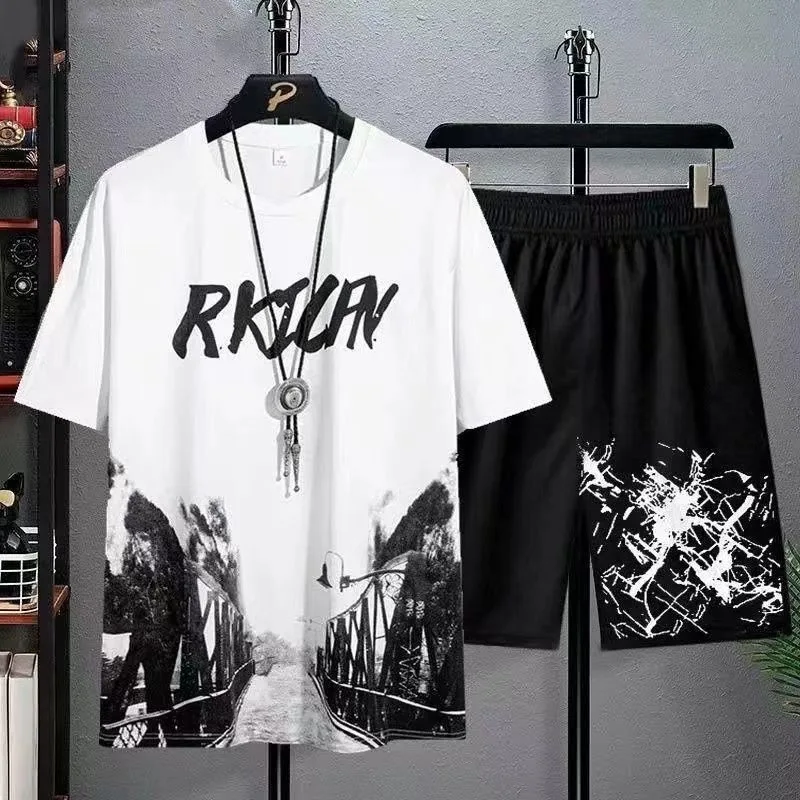 2024 Summer leisure Men set Manga Graffiti Tees T-shirt+shorts 2-piece Comfortable and breathable for men Top Print Tshirts sets thumbnail 4