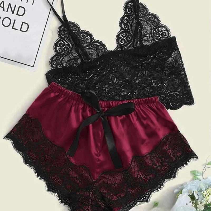 Pajama Sets Sexy Pajamas for Women 2 Pieces Top Shorts Set Sleepwear Clothes Lace Pajamas Underwear Lingerie thumbnail 2