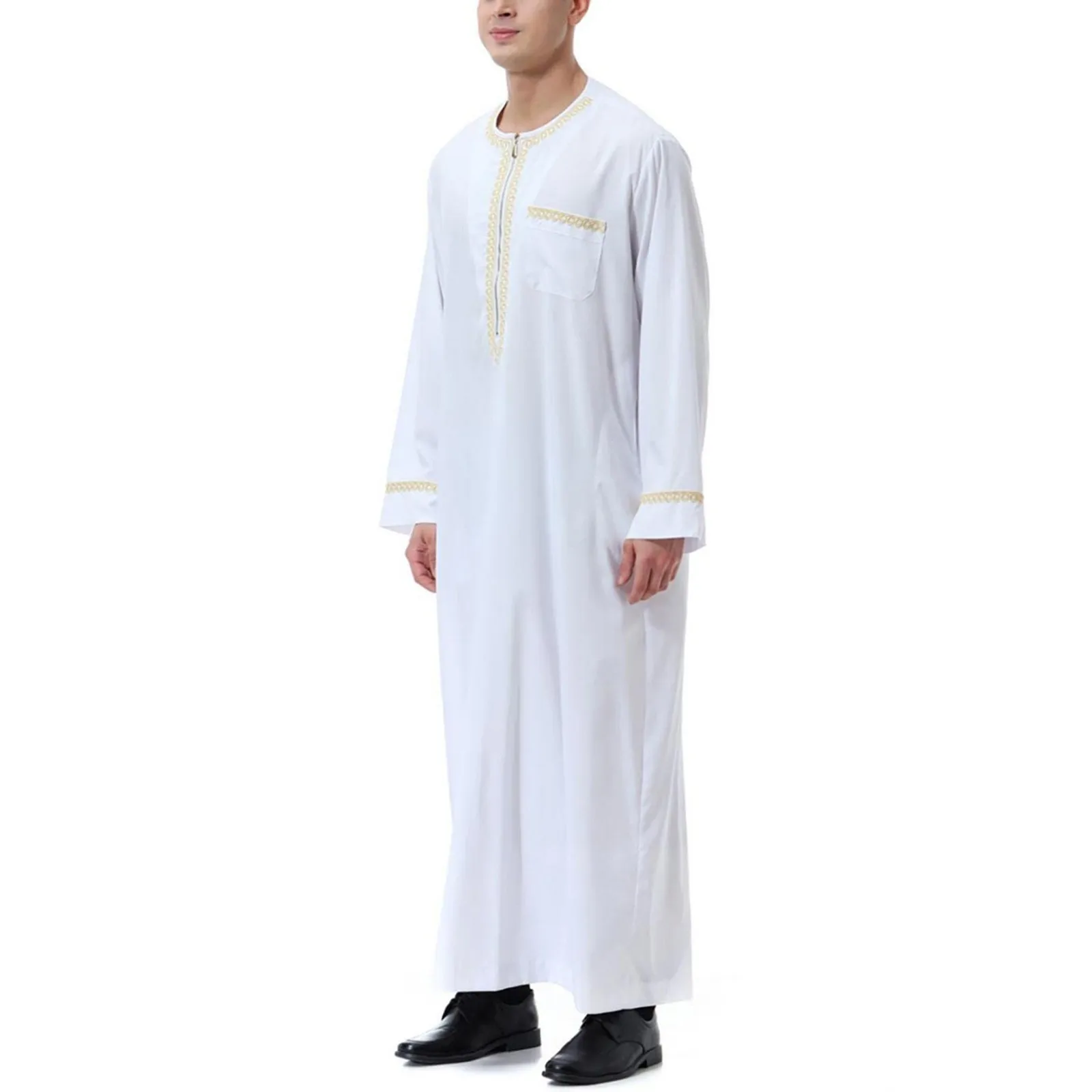 Traditional Muslim Clothing Men's Muslim Shirt robe embroidery Islamic Royalty Dubai Robe O-Neck Long Sleeve Retro Loose Abaya thumbnail 2