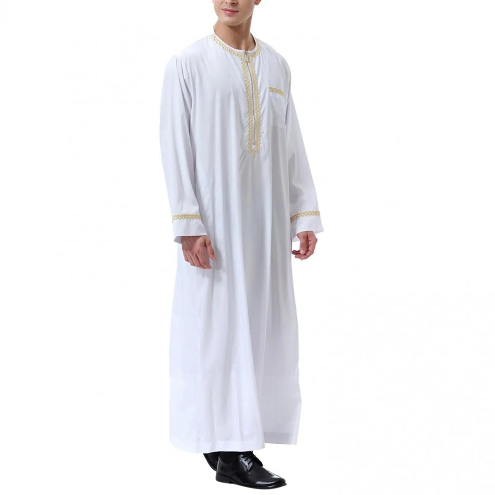 Traditional Muslim Clothing Men's Muslim Shirt robe embroidery Islamic Royalty Dubai Robe O-Neck Long Sleeve Retro Loose Abaya thumbnail 3