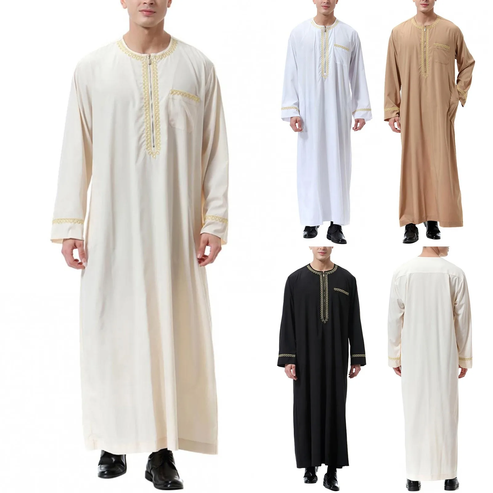 Traditional Muslim Clothing Men's Muslim Shirt robe embroidery Islamic Royalty Dubai Robe O-Neck Long Sleeve Retro Loose Abaya thumbnail 5