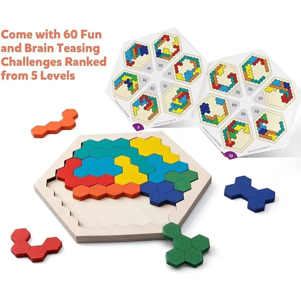 3D Hexagonal Wooden Puzzles Educational Toys For Children Kids Preschool Tangram Board Brain Test Game Montessori Toys Gifts thumbnail 5