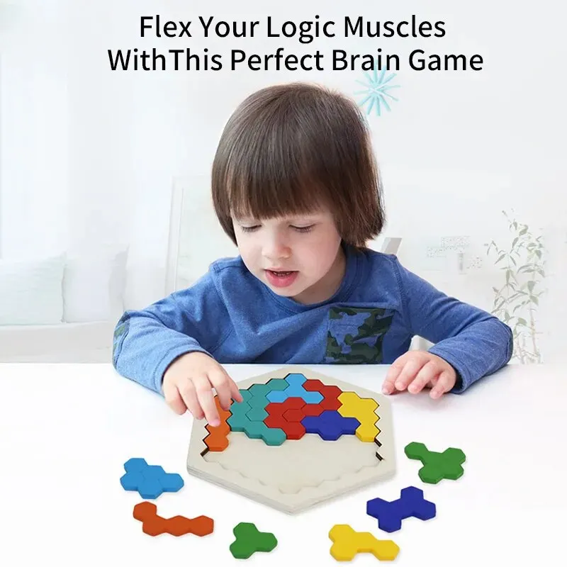 3D Hexagonal Wooden Puzzles Educational Toys For Children Kids Preschool Tangram Board Brain Test Game Montessori Toys Gifts thumbnail 3