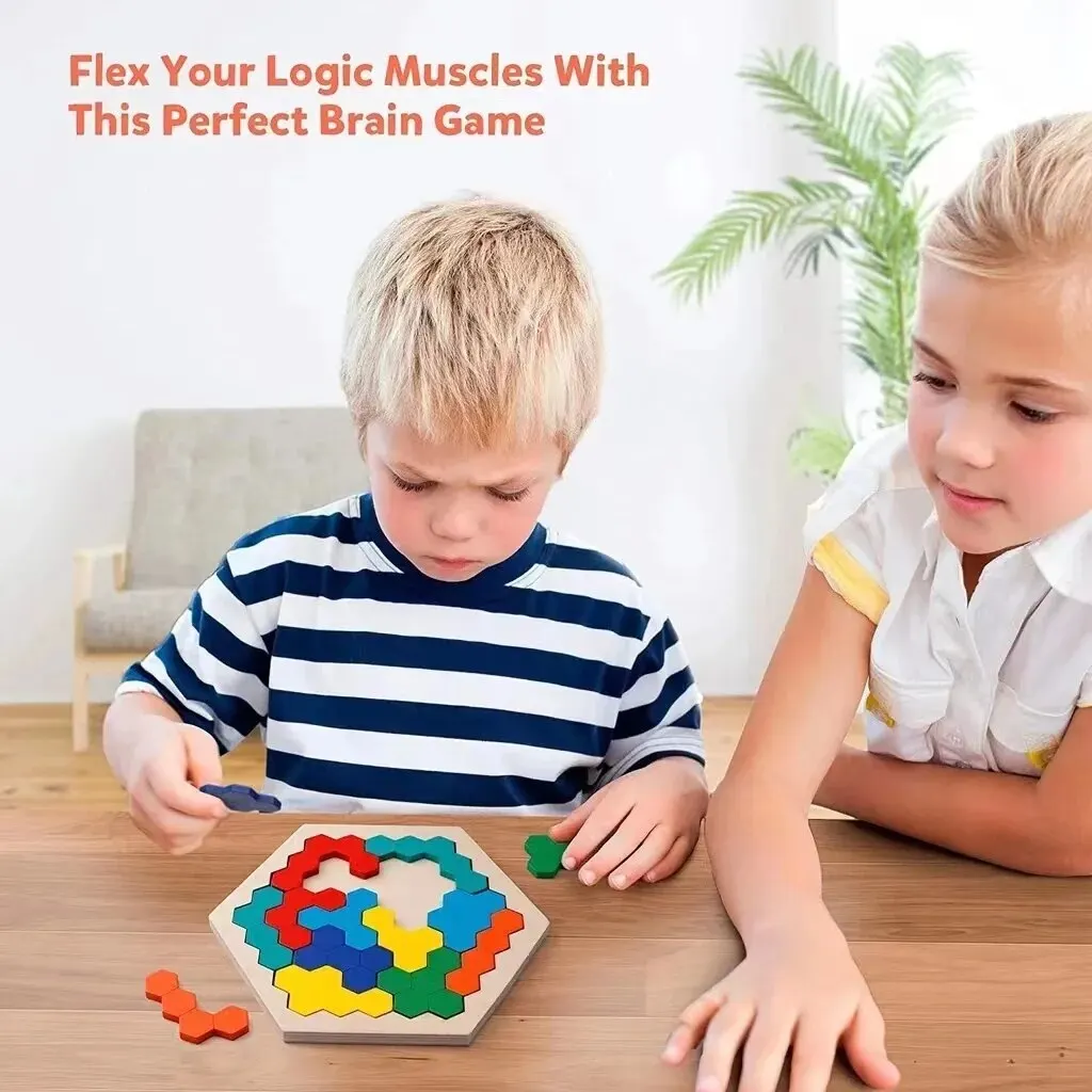 3D Hexagonal Wooden Puzzles Educational Toys For Children Kids Preschool Tangram Board Brain Test Game Montessori Toys Gifts thumbnail 2