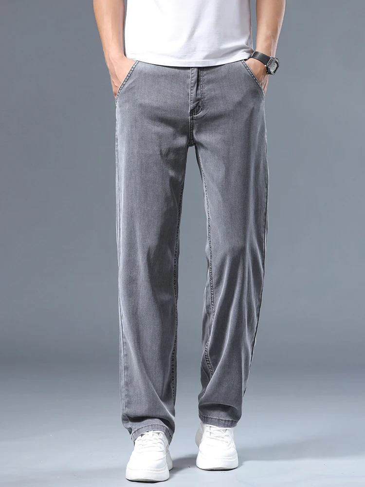 Summer Thin Men's Loose Straight Jeans Lyocell Soft Drape Business Casual Trousers Classic Smoke Gray Brand Ice Silk Pants thumbnail 4