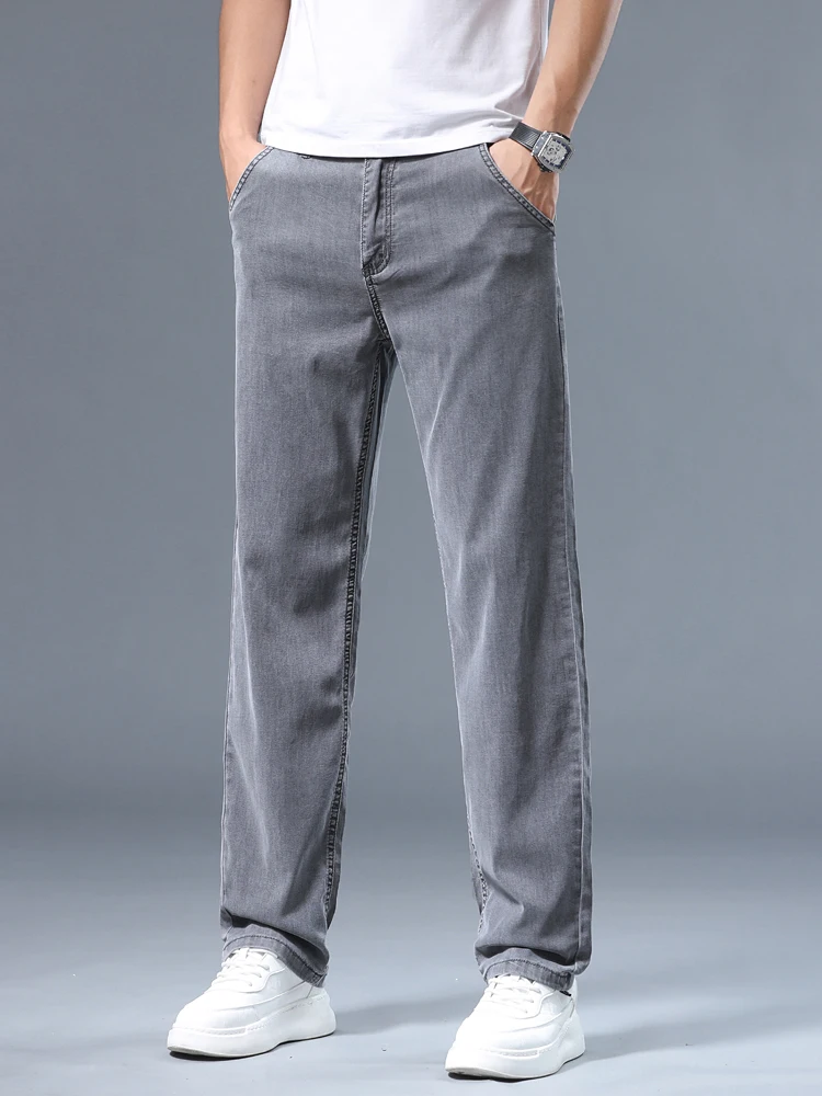 Summer Thin Men's Loose Straight Jeans Lyocell Soft Drape Business Casual Trousers Classic Smoke Gray Brand Ice Silk Pants thumbnail 5