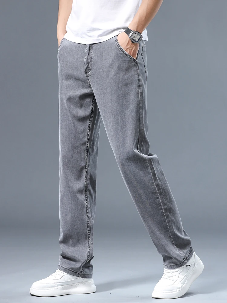 Summer Thin Men's Loose Straight Jeans Lyocell Soft Drape Business Casual Trousers Classic Smoke Gray Brand Ice Silk Pants thumbnail 3
