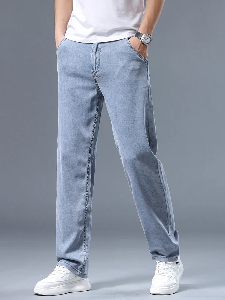 Summer Ultra-thin Men's Jeans Lyocell Soft Breathable Loose Straight Light Blue Denim Pants Business Casual Ice Silk Trousers thumbnail 3