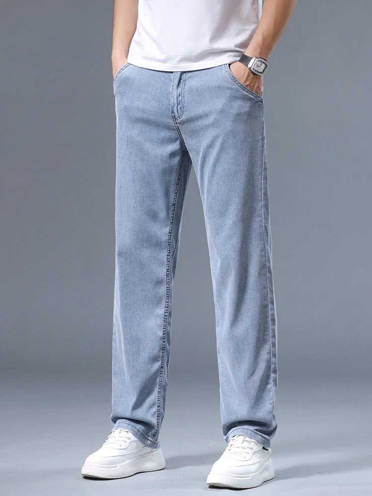 Summer Ultra-thin Men's Jeans Lyocell Soft Breathable Loose Straight Light Blue Denim Pants Business Casual Ice Silk Trousers thumbnail 6