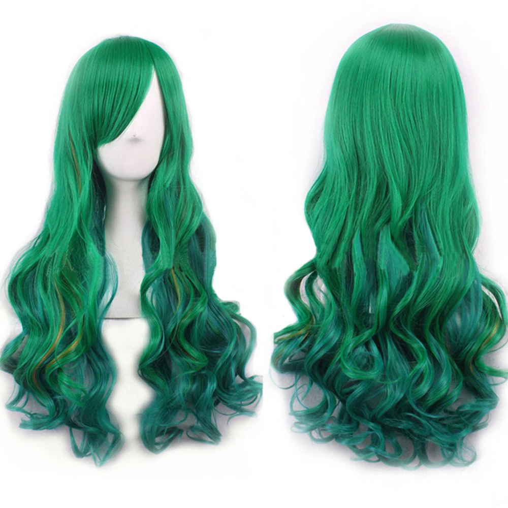 Soowee Synthetic Hair Ombre Rainbow Cosplay Wig with Bangs Red Yellow Purple Green Blue Wigs for Black Women thumbnail 3