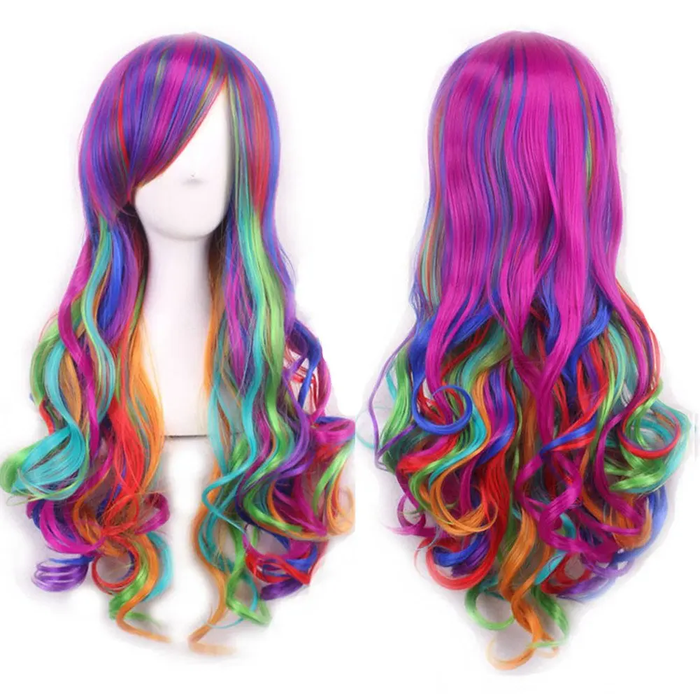 Soowee Synthetic Hair Ombre Rainbow Cosplay Wig with Bangs Red Yellow Purple Green Blue Wigs for Black Women thumbnail 4