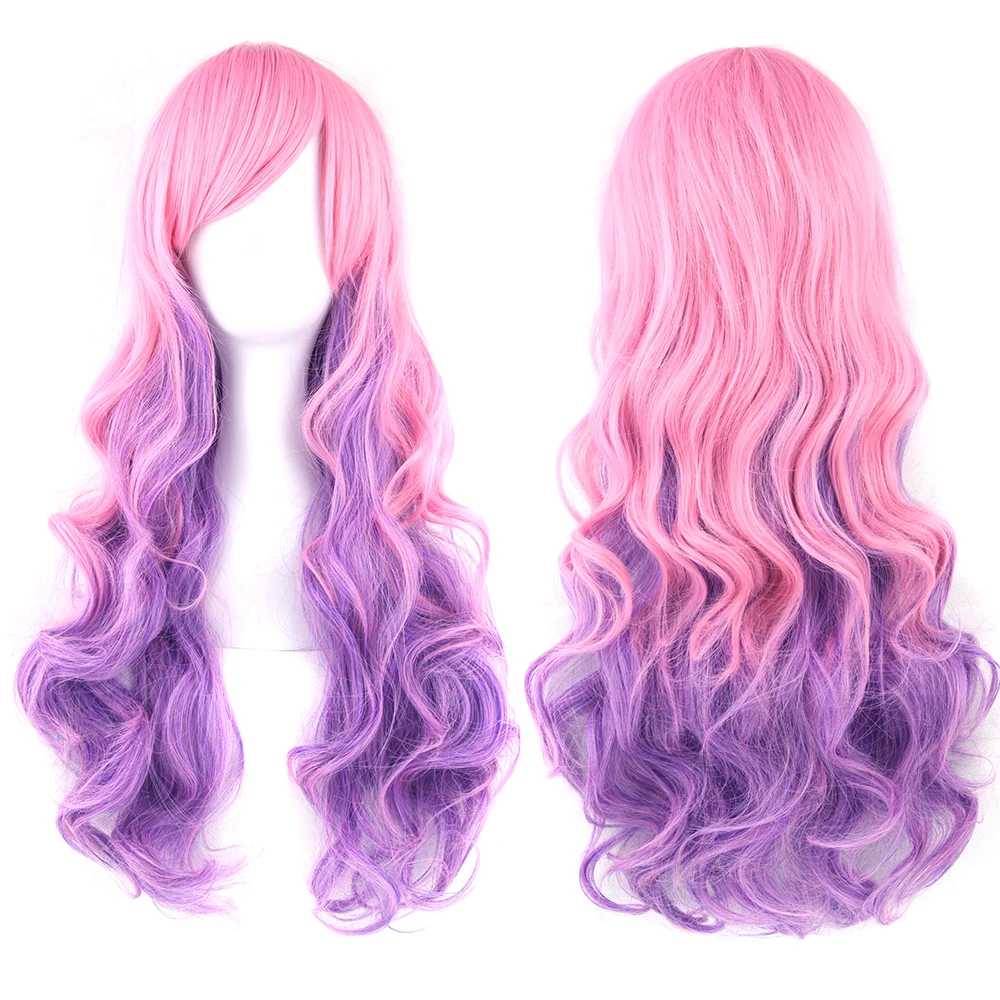 Soowee Synthetic Hair Ombre Rainbow Cosplay Wig with Bangs Red Yellow Purple Green Blue Wigs for Black Women thumbnail 6