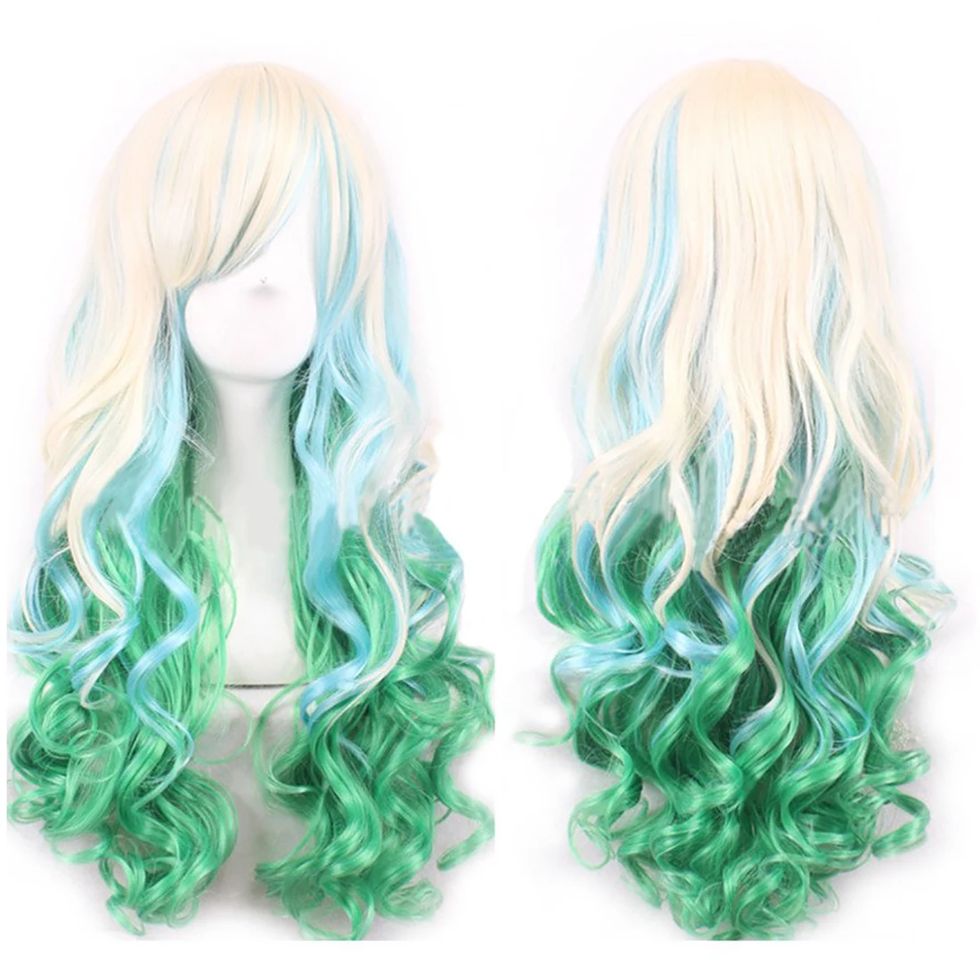 Soowee Synthetic Hair Ombre Rainbow Cosplay Wig with Bangs Red Yellow Purple Green Blue Wigs for Black Women thumbnail 2