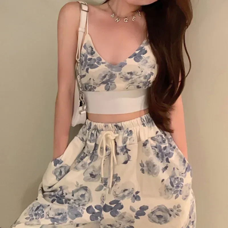 Korea 2 Piece Sets Womens Outifits Summer Clothes 2024 Floral V-Neck Spaghetti Strap Camisole and Drawstring Elastic Waist Pants thumbnail 2