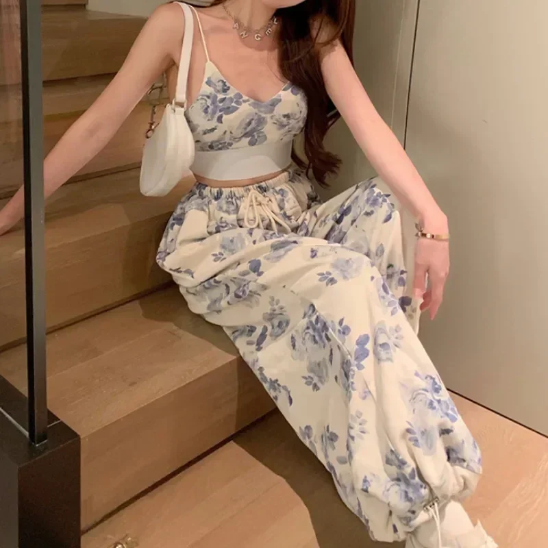 Korea 2 Piece Sets Womens Outifits Summer Clothes 2024 Floral V-Neck Spaghetti Strap Camisole and Drawstring Elastic Waist Pants thumbnail 3