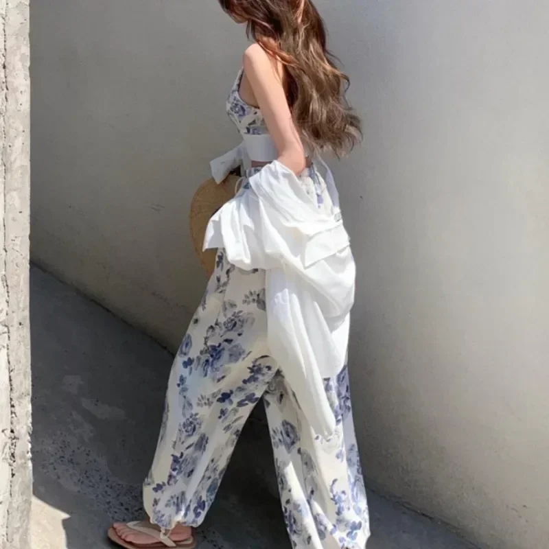 Korea 2 Piece Sets Womens Outifits Summer Clothes 2024 Floral V-Neck Spaghetti Strap Camisole and Drawstring Elastic Waist Pants thumbnail 6