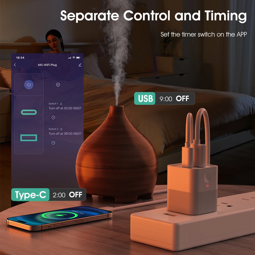 Tuya WiFi Smart TypeC USB Adaptor Switch 2 in 1 Mini USB Power Adaptor Charger Plug Timing Voice Control Works with Alexa Google thumbnail 3