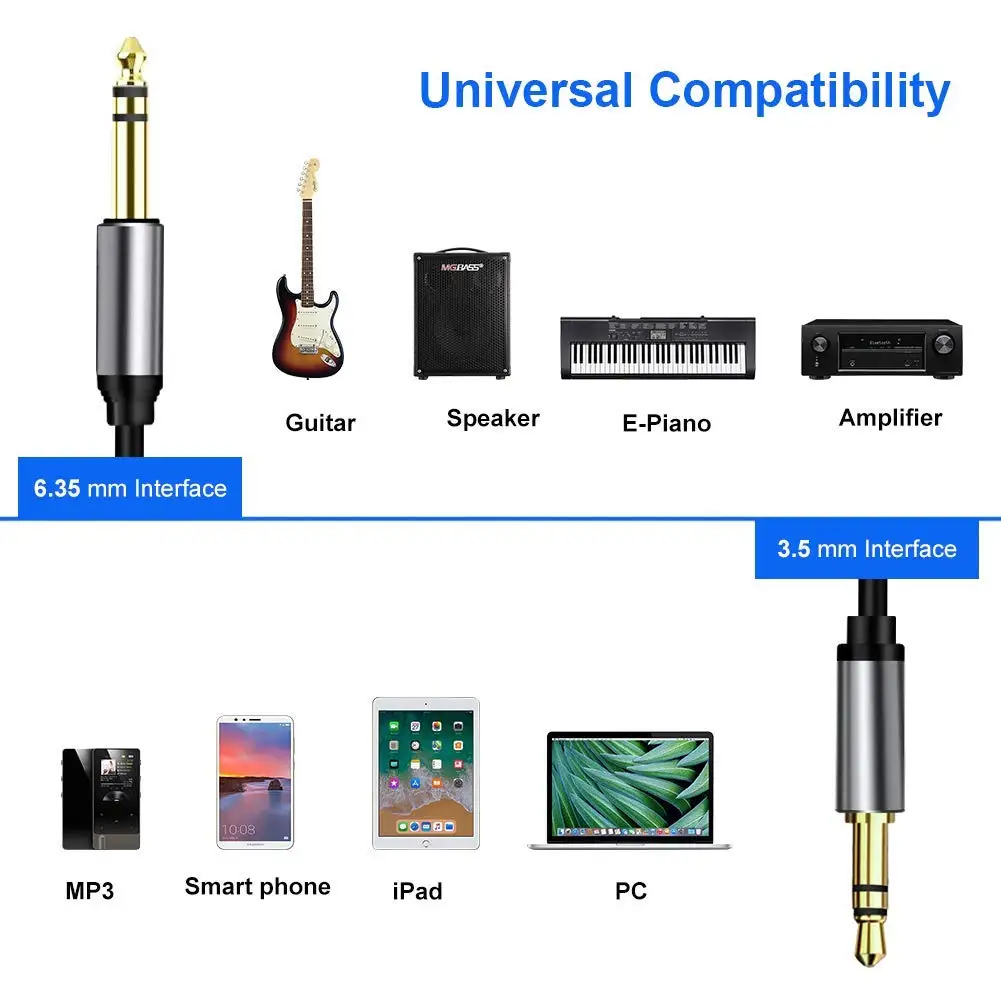 Stereo Aux Cable 3.5mm To 6.35mm 1/4 6.5 To 3.5 1/8 TRS Jack Audio Cord for Laptop Guitar Mixer Amplifier Speaker Home Theater thumbnail 5