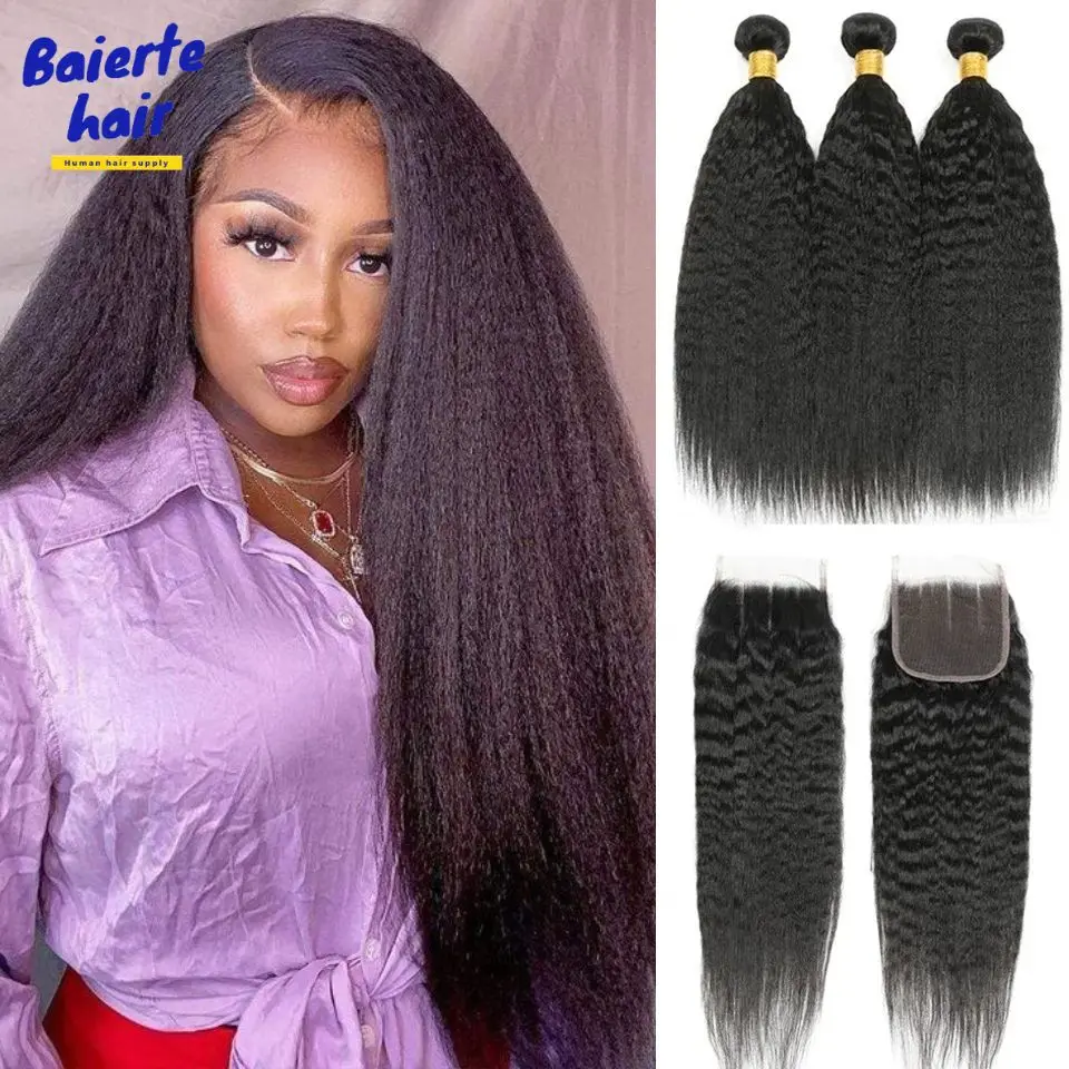 8-30Inch Remy Kinky Straight Human Hair Bundles With Lace Closure Yaki Straight Bundles Hair Weft With 4X4 Lace Frontal Closure