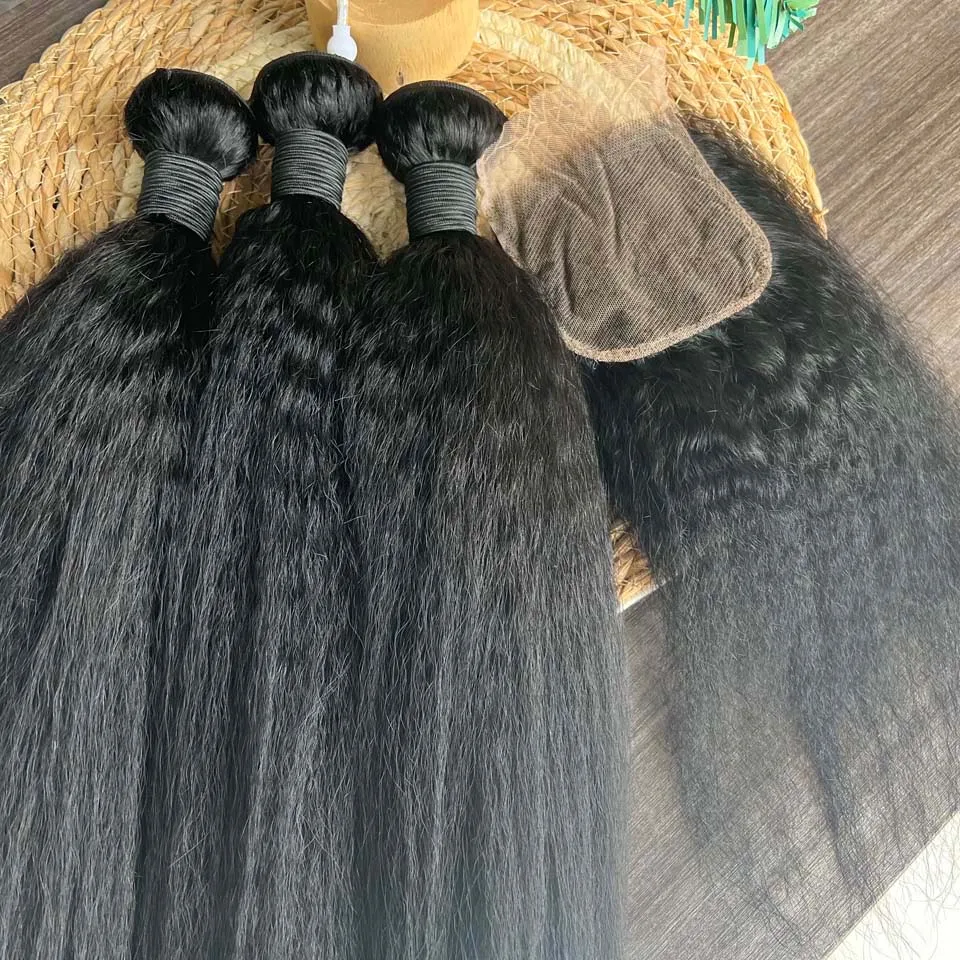 8-30Inch Remy Kinky Straight Human Hair Bundles With Lace Closure Yaki Straight Bundles Hair Weft With 4X4 Lace Frontal Closure thumbnail 3