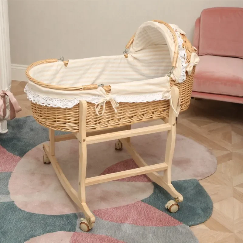 2024 New Upgrade Wooden Portable Baby Cradle Bed with Roller Baby Rocker 360 Degree Rotating Wheel Newborn Baby Crib 0-24M thumbnail 5