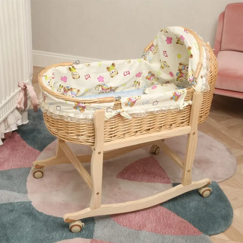 2024 New Upgrade Wooden Portable Baby Cradle Bed with Roller Baby Rocker 360 Degree Rotating Wheel Newborn Baby Crib 0-24M thumbnail 6