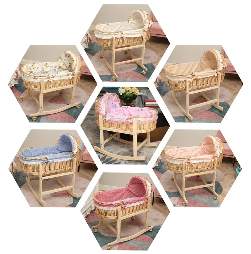 2024 New Upgrade Wooden Portable Baby Cradle Bed with Roller Baby Rocker 360 Degree Rotating Wheel Newborn Baby Crib 0-24M thumbnail 2