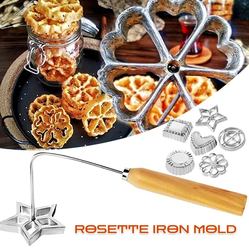 Cast Rosette Iron Mold Set Bunuelos Mold with Handle Timbale Pastry Tools Achappam Cookie Maker for Kitchen Baking Cooking