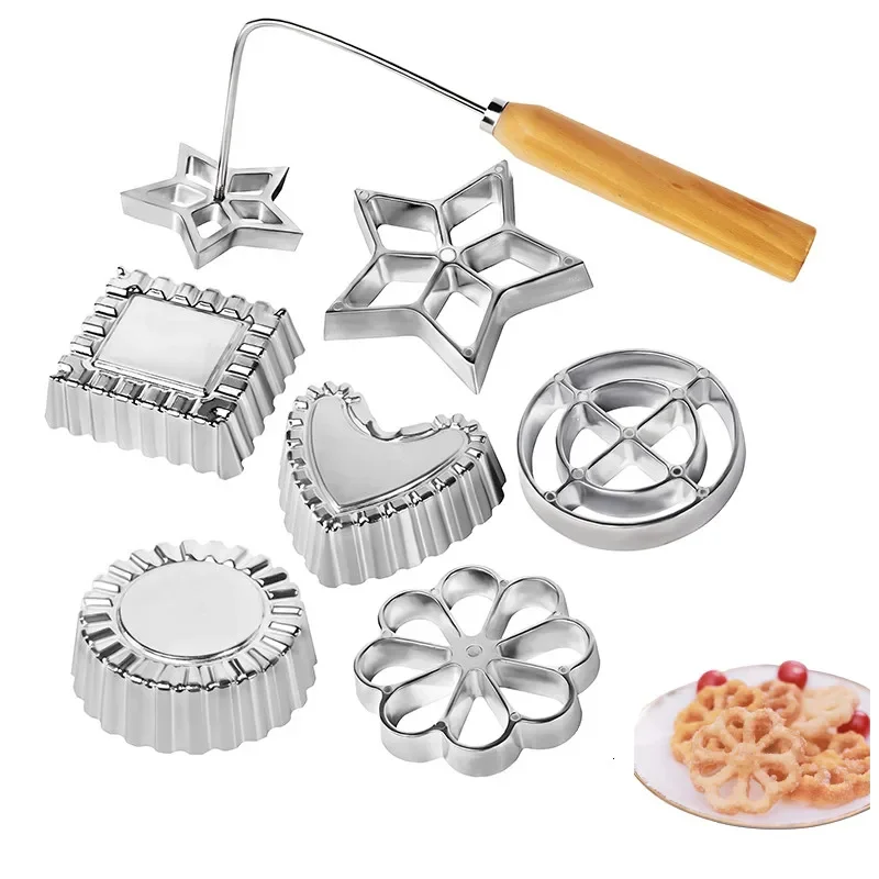 Cast Rosette Iron Mold Set Bunuelos Mold with Handle Timbale Pastry Tools Achappam Cookie Maker for Kitchen Baking Cooking thumbnail 2