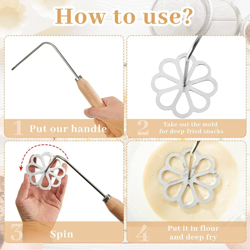 Cast Rosette Iron Mold Set Bunuelos Mold with Handle Timbale Pastry Tools Achappam Cookie Maker for Kitchen Baking Cooking thumbnail 5