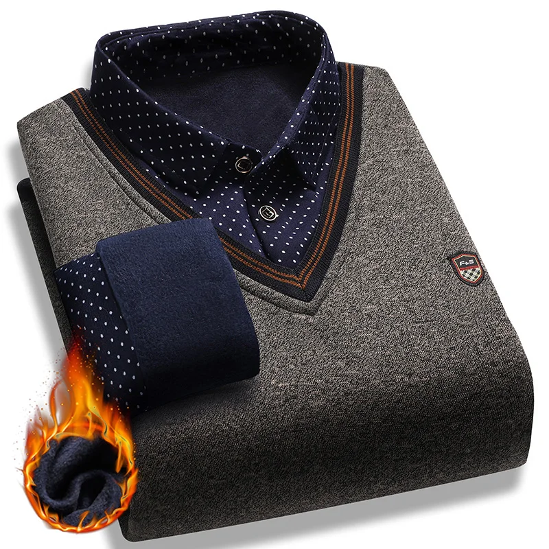 Men's Plush Sweater Autumn Winter Fake Two Piece Pullover Polo Shirt Collar Fleece Thick Warm Top Clothes Casual Jumpers thumbnail 5