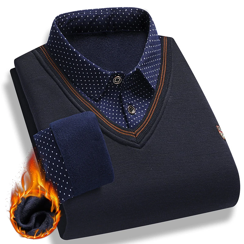 Men's Plush Sweater Autumn Winter Fake Two Piece Pullover Polo Shirt Collar Fleece Thick Warm Top Clothes Casual Jumpers thumbnail 3