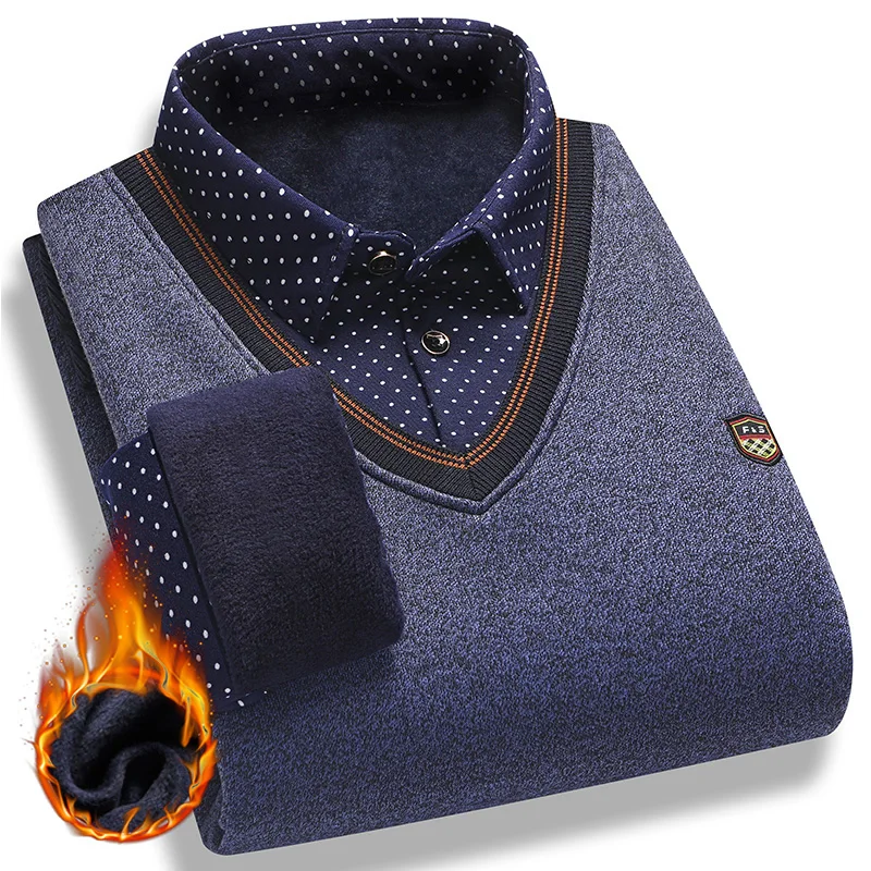 Men's Plush Sweater Autumn Winter Fake Two Piece Pullover Polo Shirt Collar Fleece Thick Warm Top Clothes Casual Jumpers thumbnail 4