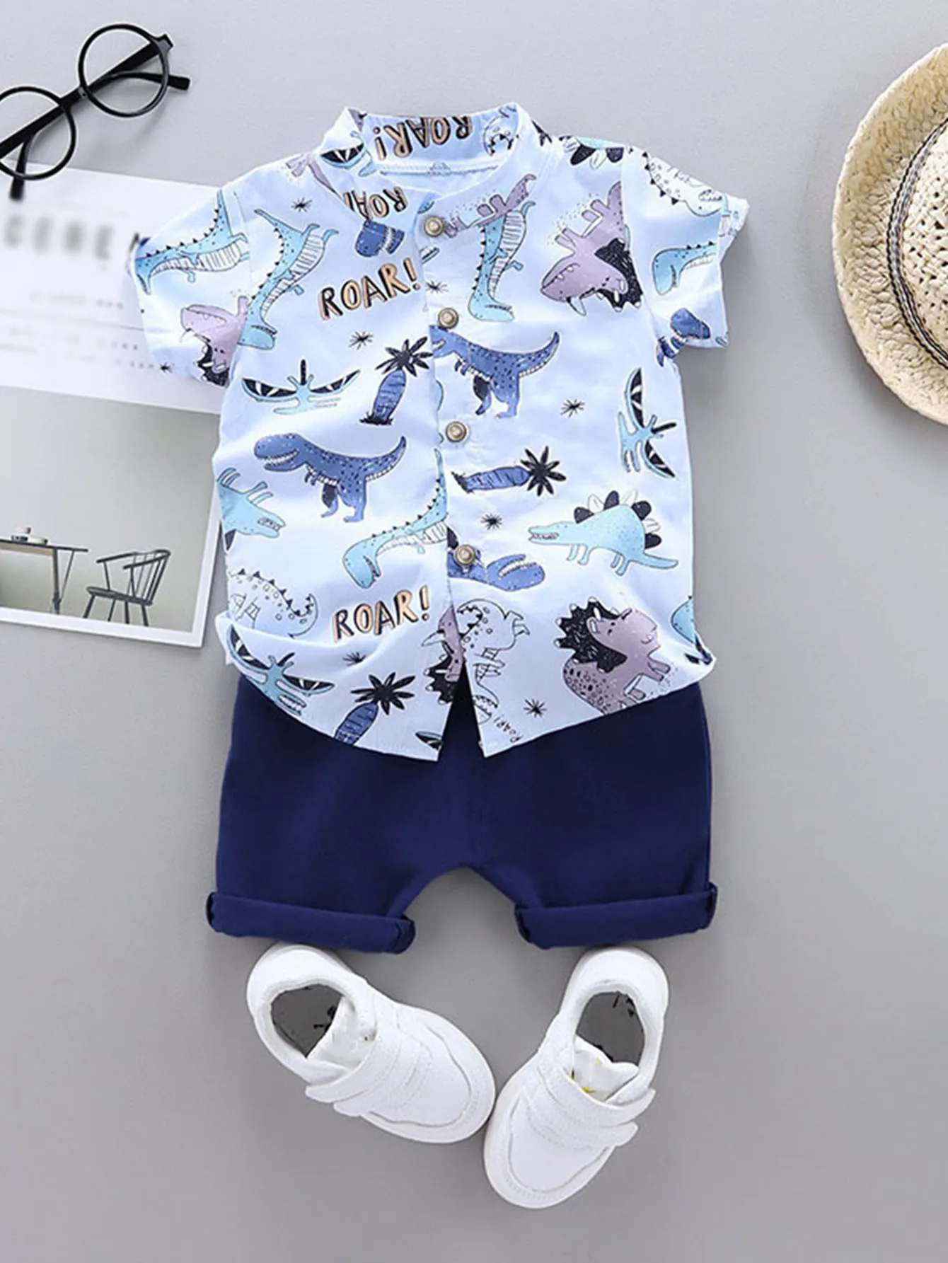 2PCS baby and toddler summer full print cartoon spotted dinosaur pattern stand up collar shirt short sleeved shorts set