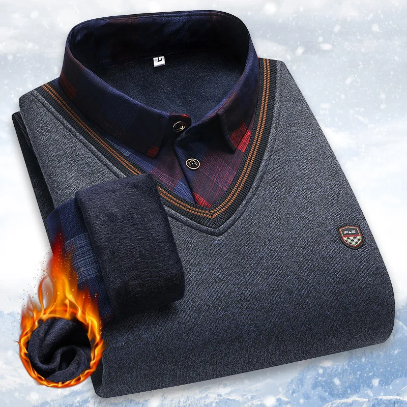 Vintage Plaid Sweater Pullover Men Thick Warm Knitwear Winter Autumn Clothing Patchwork Men's Fleeced Polo Collar Pullovers thumbnail 3