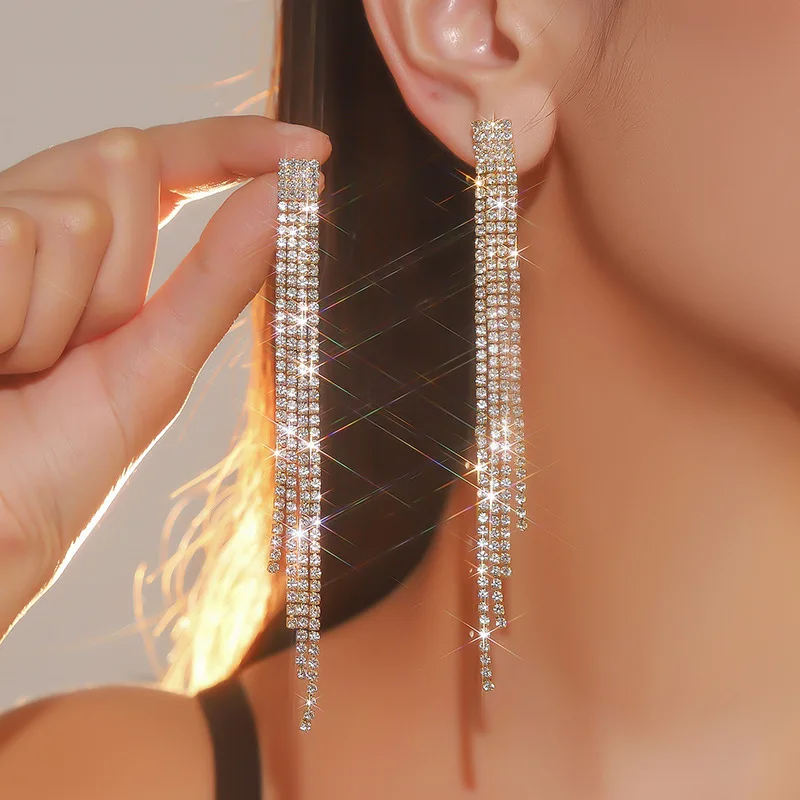 TREAZY Shiny 4 Lines  Rhinestone Crystal Tassel Long Earrings for Women Wedding Party Hanging Dangle Earrings Bridal Brincos thumbnail 2