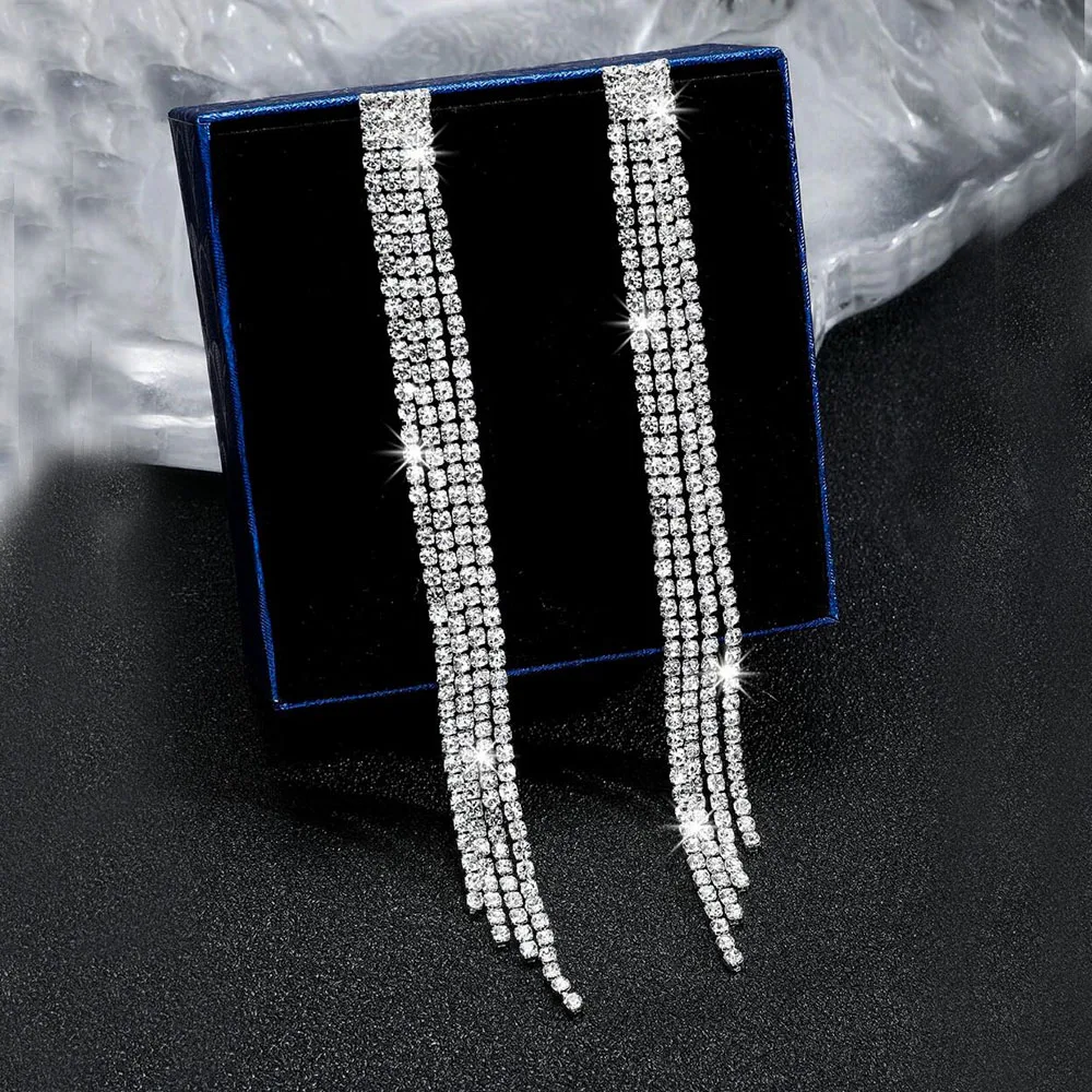 TREAZY Shiny 4 Lines  Rhinestone Crystal Tassel Long Earrings for Women Wedding Party Hanging Dangle Earrings Bridal Brincos thumbnail 4