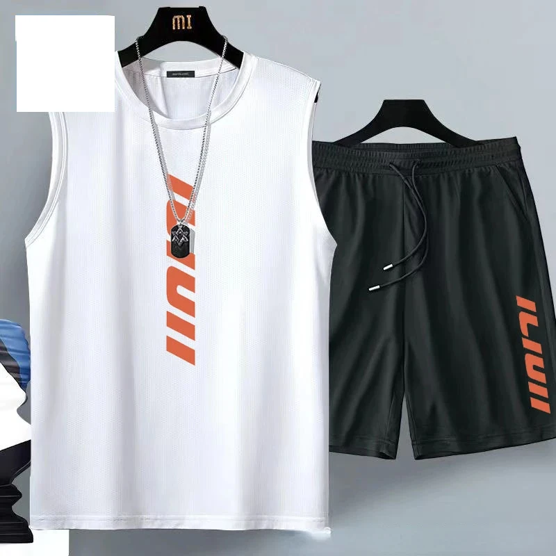 Summer men's clothing Fashion casual basketball suit street sportwear 2 piece breathable short sleeve T-shirt+jogging shorts set thumbnail 2