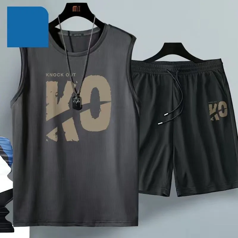 2024 Summer Men Clothing Harajuku Breathable fashion Sportswear Basketball suit casual short-sleeved T-shirt + shorts 2-piece thumbnail 3