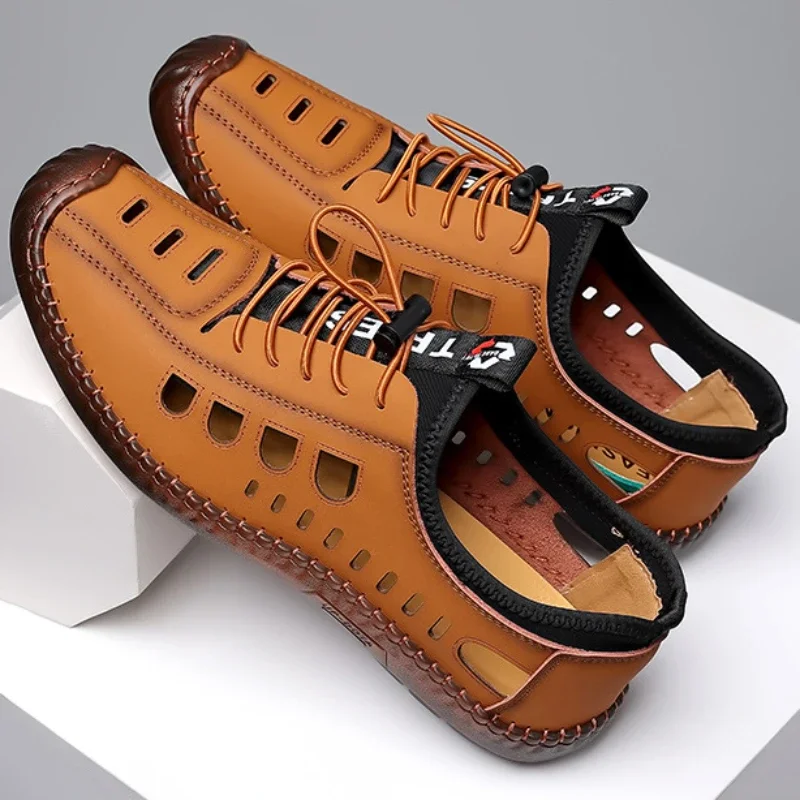 Men's Soft Leather 2024 Summer Men Leather Sandals Breathable Non-slip Cow Tendon Sole Casual Leather Shoes Outdoor Beach Shoes thumbnail 4