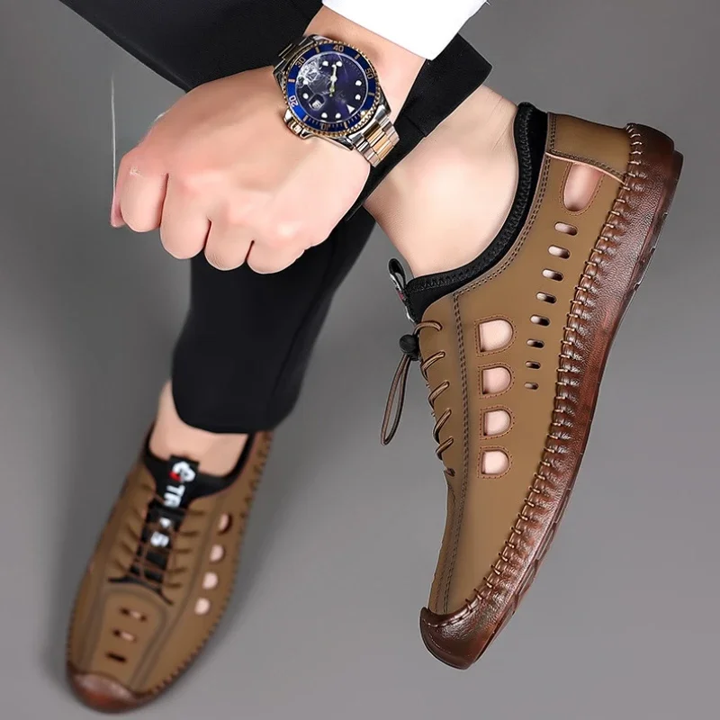 Men's Soft Leather 2024 Summer Men Leather Sandals Breathable Non-slip Cow Tendon Sole Casual Leather Shoes Outdoor Beach Shoes thumbnail 5