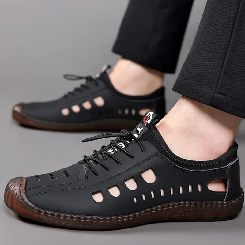 Men's Soft Leather 2024 Summer Men Leather Sandals Breathable Non-slip Cow Tendon Sole Casual Leather Shoes Outdoor Beach Shoes thumbnail 2